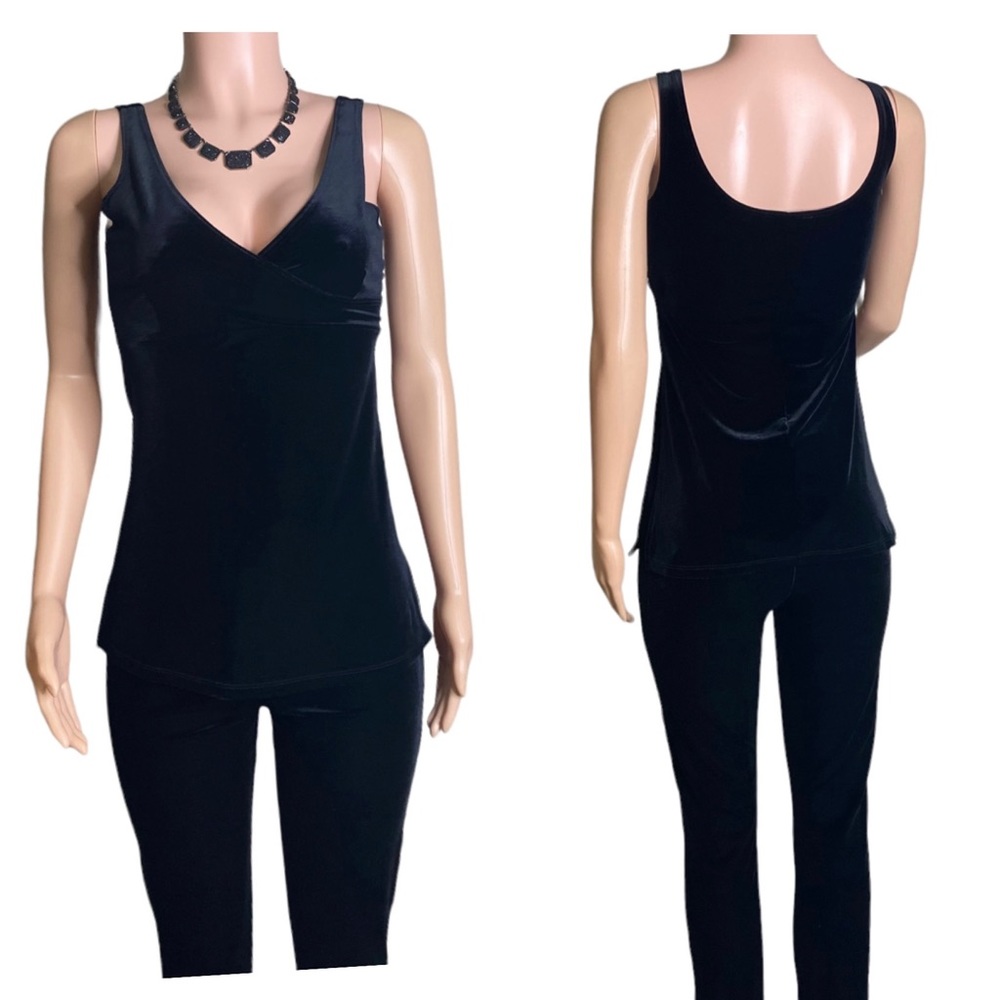 Eye Candy 2 Piece Black Velvet Like Set Sleeveless Surplice Top & Elastic Pants